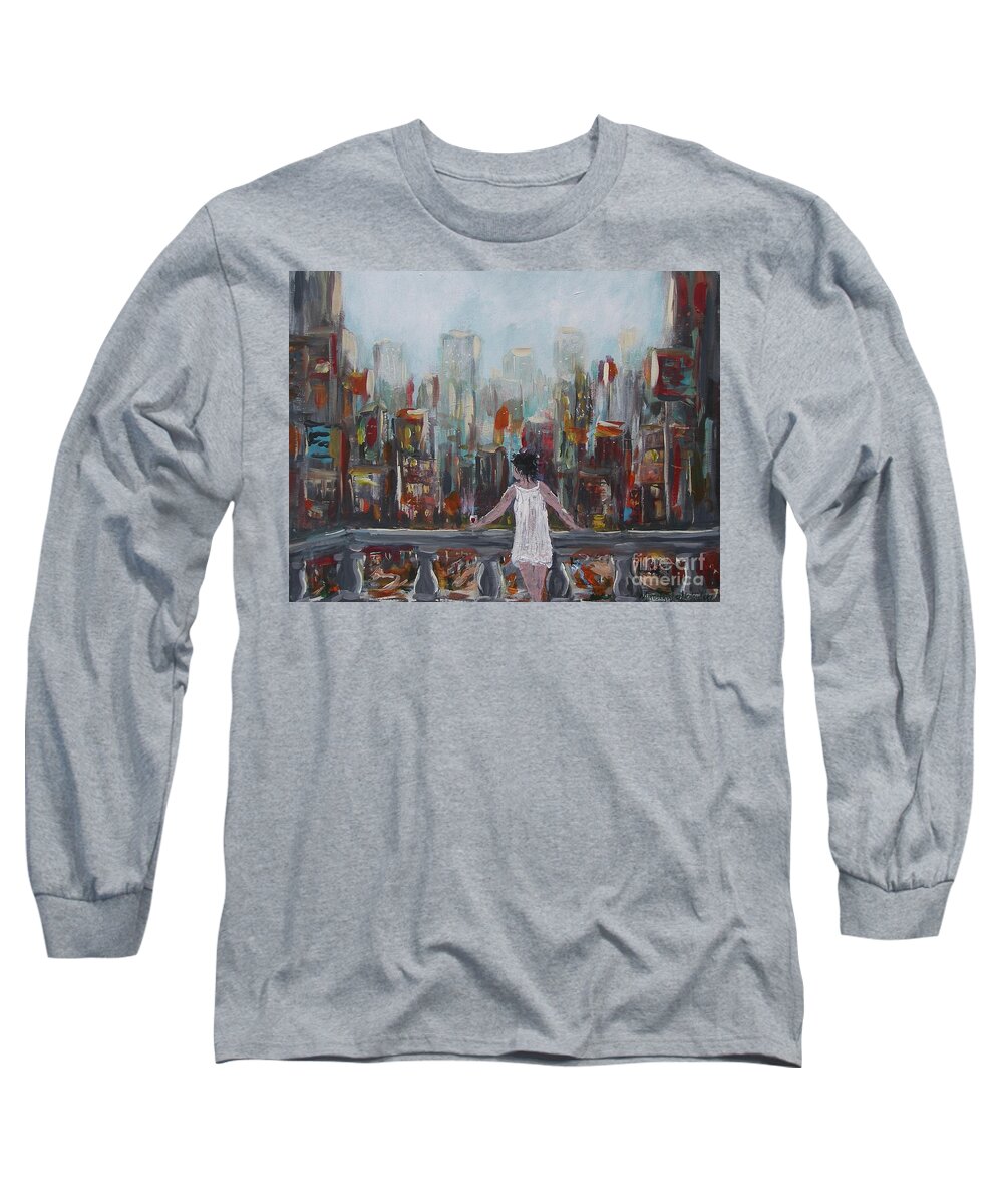 My View Balcony City Buildings Street Town Woman Look Nightdress White Lights Traffic Glass Of Red Wine Landscape Urban Acrylic On Canvas Print Painting Colors New York Manhattan Long Sleeve T-Shirt featuring the painting My View by Miroslaw Chelchowski