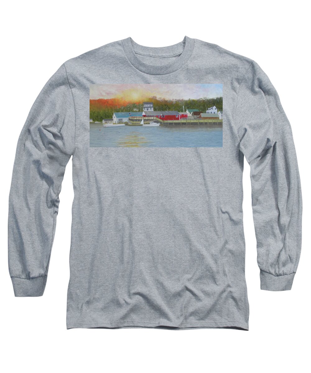 Harbor Water Ocean Boats Landscape Seascape Sunset Building Long Sleeve T-Shirt featuring the painting New Harbor Sunset by Scott W White