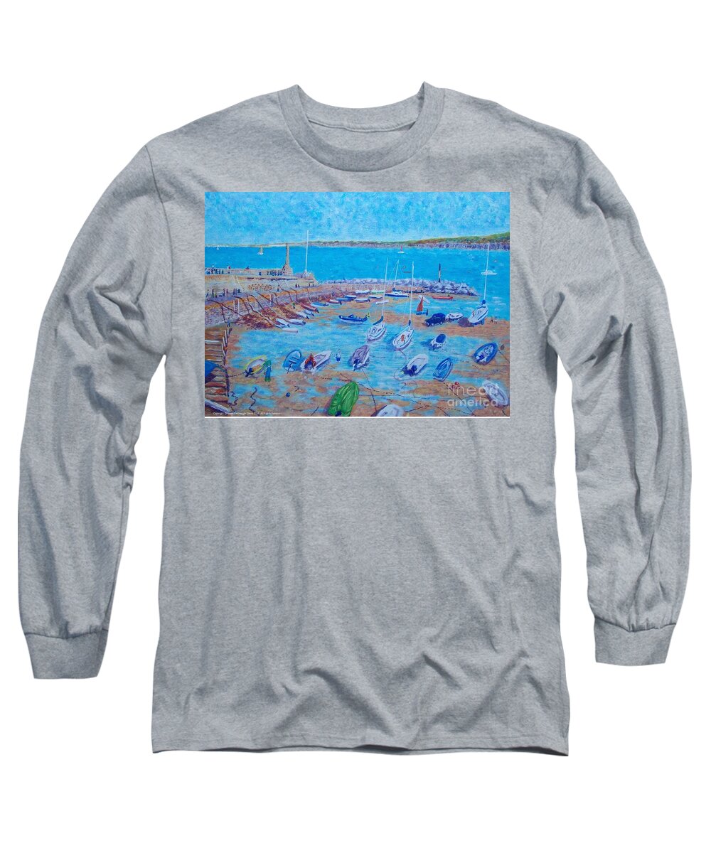Painting New Quay Harbour Blue Boats Ceredigion Long Sleeve T-Shirt featuring the painting New Quay Harbour Blue Boats Ceredigion by Edward McNaught-Davis