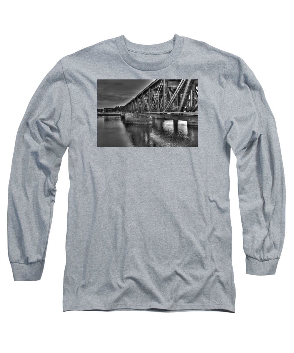 Train Long Sleeve T-Shirt featuring the photograph Newburyport Train Trestle BW by Matt Swinden