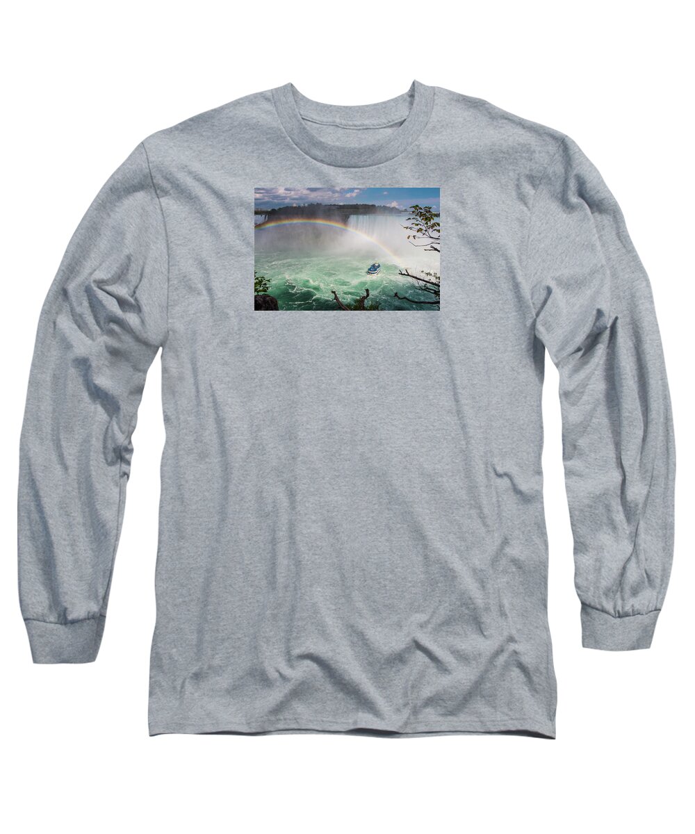 Travel Long Sleeve T-Shirt featuring the photograph Niagara Falls, Rainbow and Maid of the Mist by Venetia Featherstone-Witty