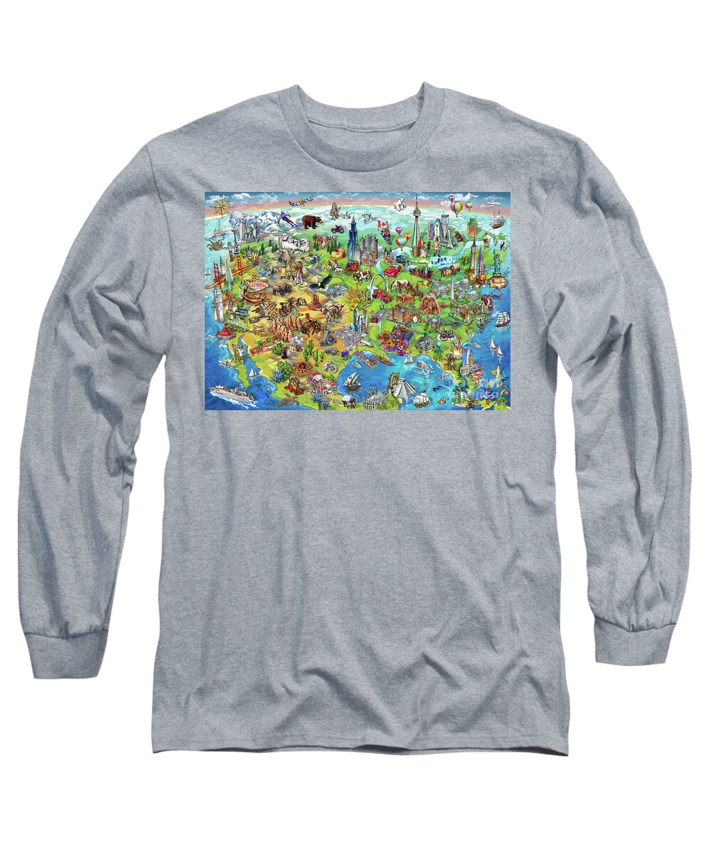 Los Angeles; Santa Barbara; Us; Usa; Maria Rabinky; Rabinky; New York; Illustrated Map; United States; Chicago; San Francisco; Pictorial Map; America; Colorful Map Of America Long Sleeve T-Shirt featuring the painting North America Wonders Map Illustration by Maria Rabinky
