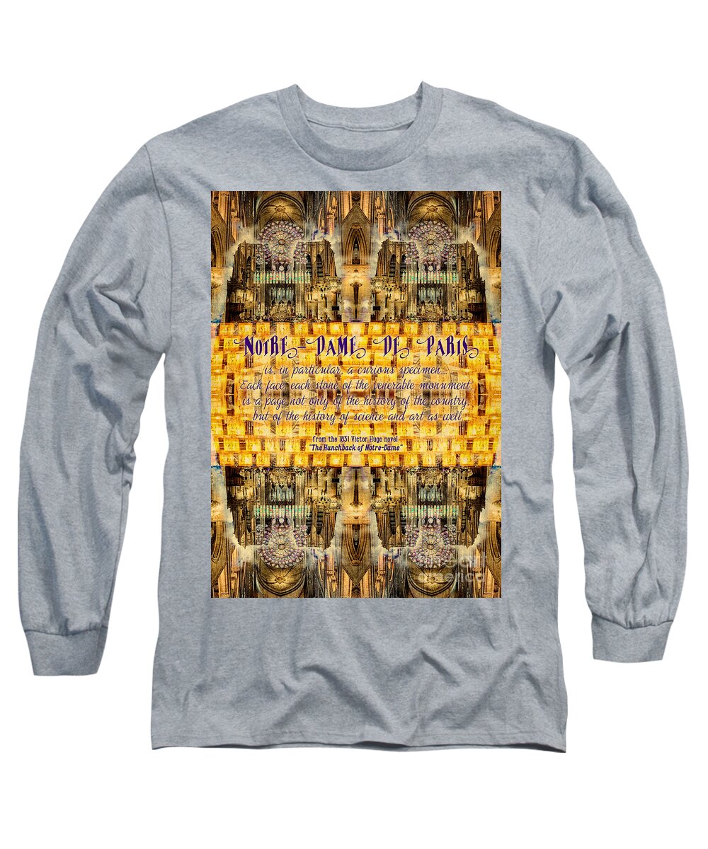 Literary Long Sleeve T-Shirt featuring the photograph Notre-Dame Cathedral Rose Stained Glass Candles Novel Quote by Beverly Claire Kaiya