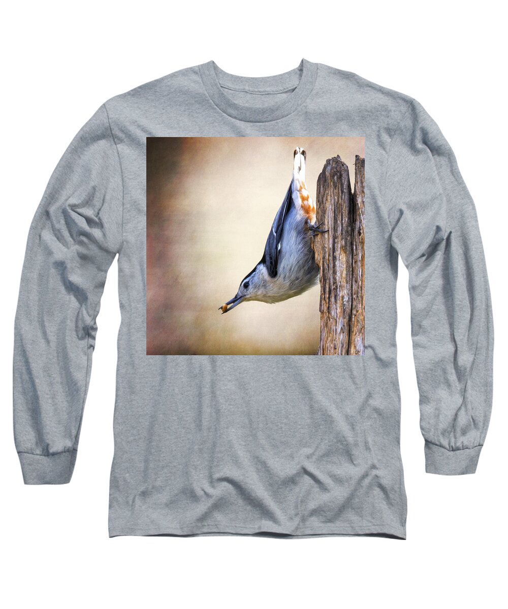 Sitta Carolinensis Long Sleeve T-Shirt featuring the photograph Nuthatch Trajectory by Bill and Linda Tiepelman
