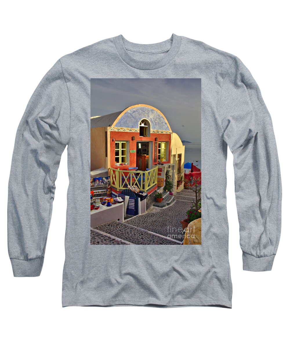 Santorini Long Sleeve T-Shirt featuring the photograph Oia Pub by Jeremy Hayden