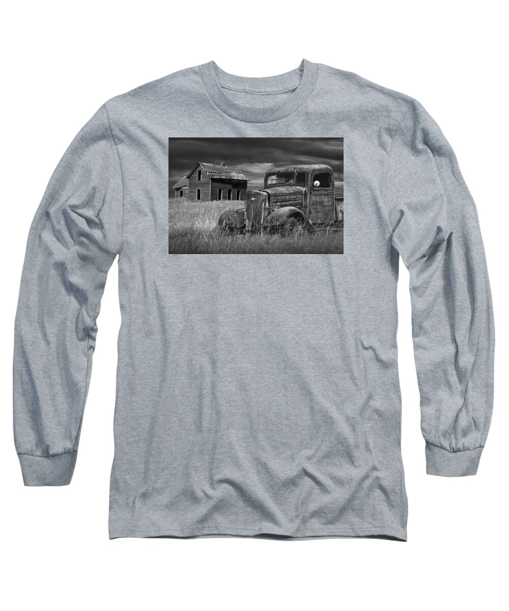 Landscape Long Sleeve T-Shirt featuring the photograph Old Vintage Pickup in Black and White by an Abandoned Farm House by Randall Nyhof