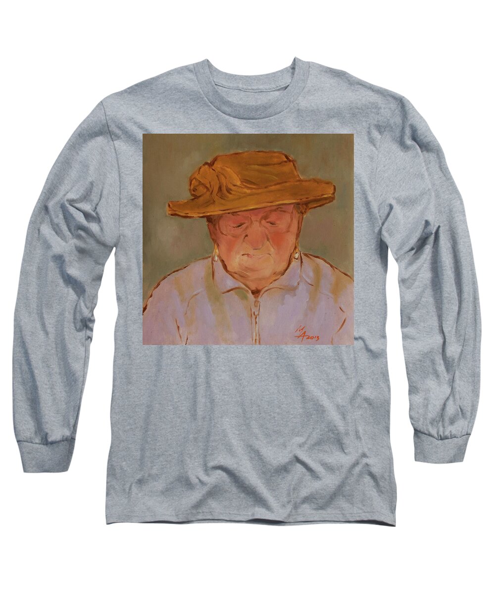 Portrait Long Sleeve T-Shirt featuring the painting Old Woman with Yellow Hat by Attila Meszlenyi
