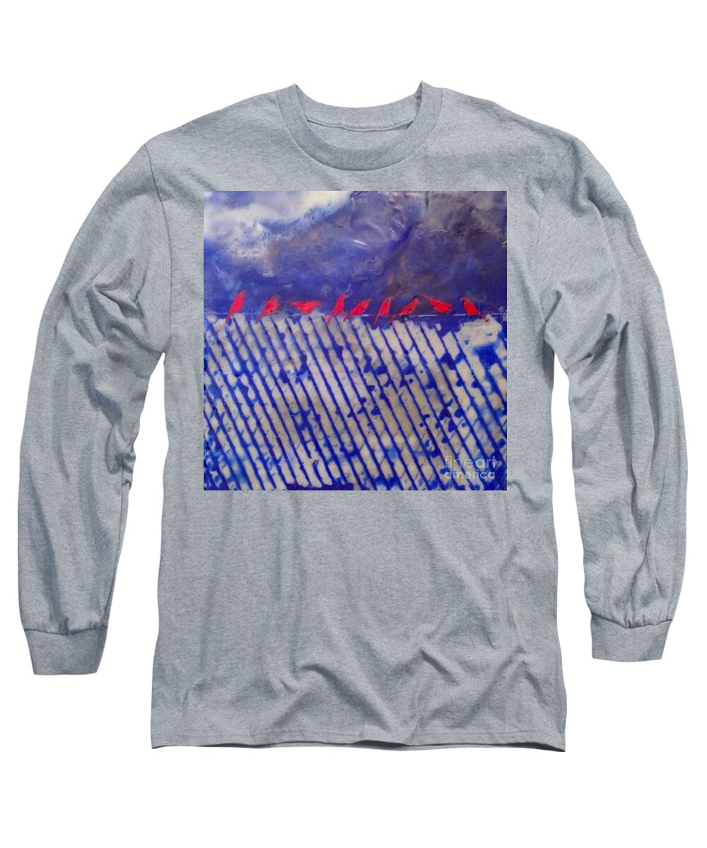 Red Long Sleeve T-Shirt featuring the painting On The Fence by Amy Stielstra