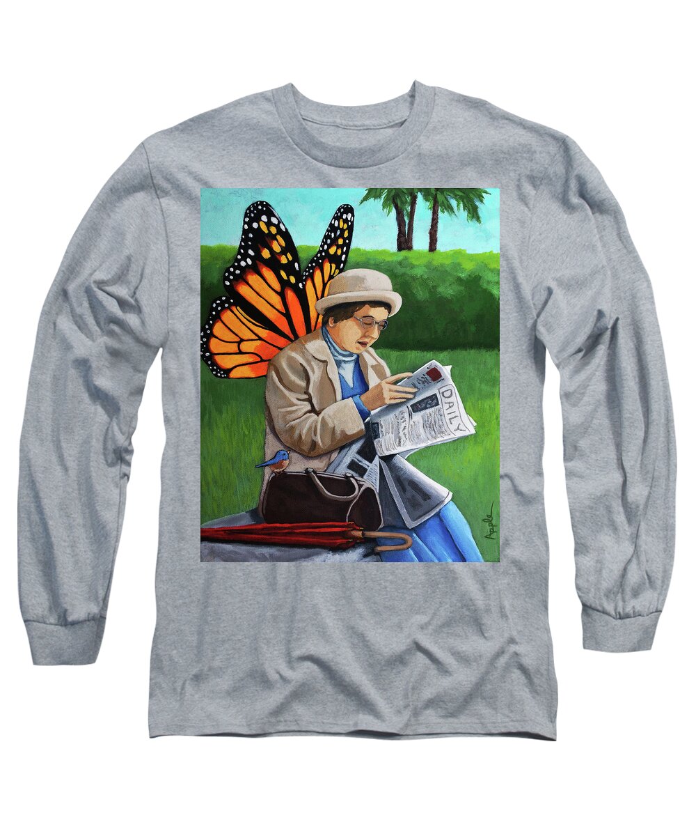 Butterfly Long Sleeve T-Shirt featuring the painting On Vacation -butterfly angel painting by Linda Apple