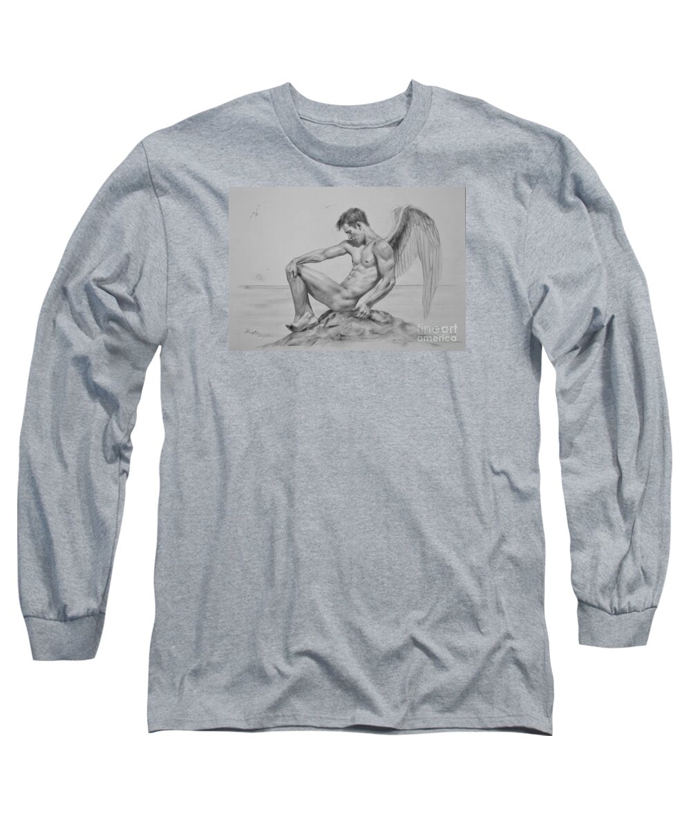 Original Art Long Sleeve T-Shirt featuring the painting Original Drawing Sketch Charcoal Art Angel Of Male Nude Men Gay Interest On Paper #11-16-09 by Hongtao Huang