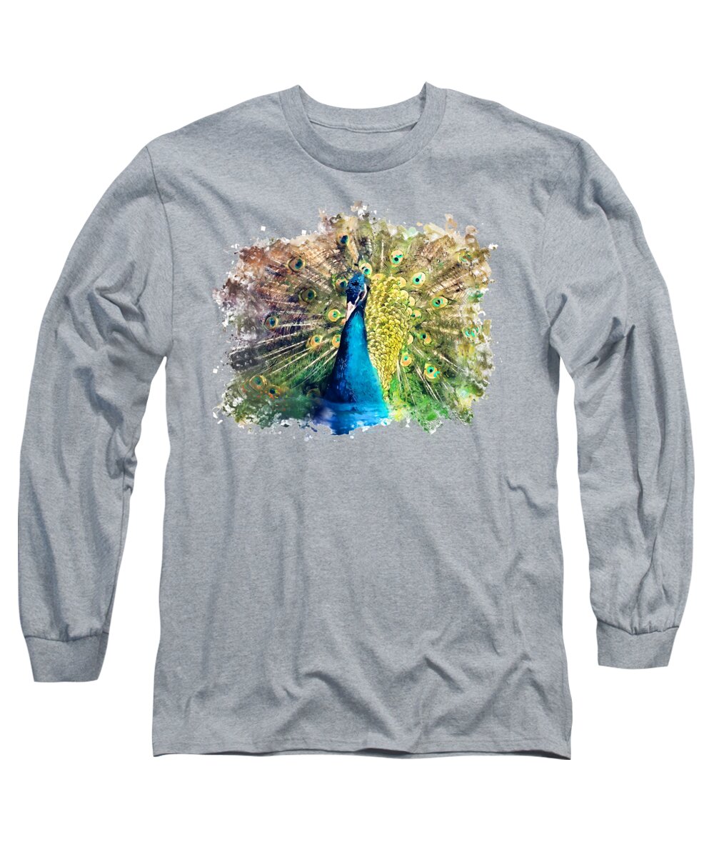 Peacock Long Sleeve T-Shirt featuring the painting Peacock watercolor painting by Justyna Jaszke JBJart