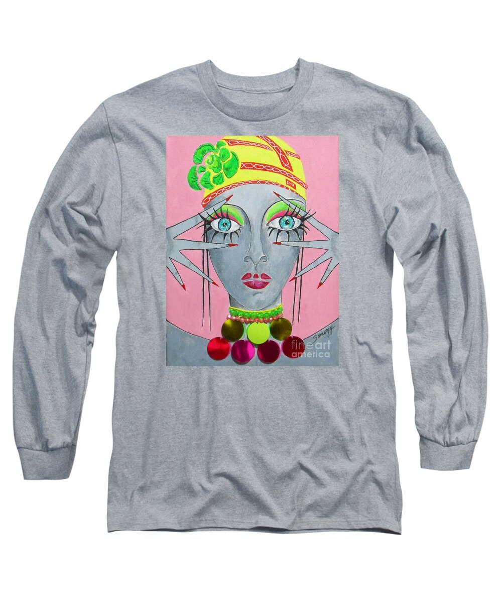 Pink Long Sleeve T-Shirt featuring the painting Peek-a-boo on Pink -- Whimsical Portrait of a Belly Dancer by Jayne Somogy