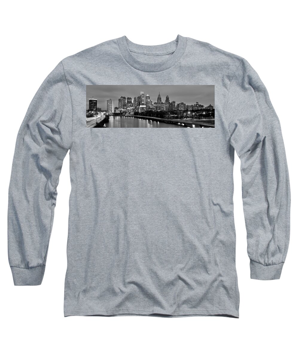 Philadelphia Skyline Dusk Long Sleeve T-Shirt featuring the photograph Philadelphia Philly Skyline at Dusk from near South BW Black and White Panorama by Jon Holiday