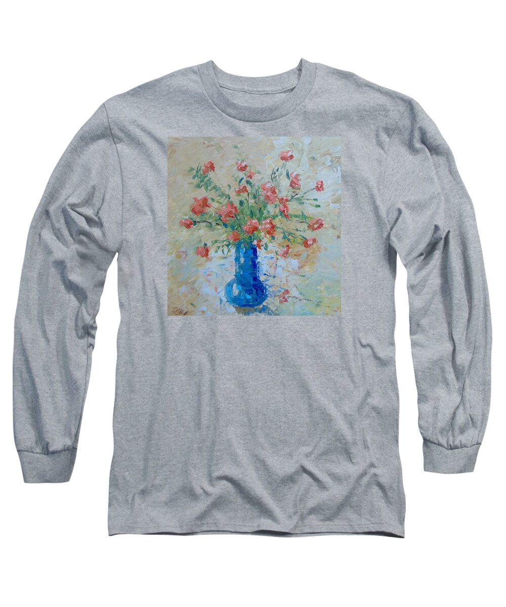 Floral Long Sleeve T-Shirt featuring the painting Pink Roses by Frederic Payet