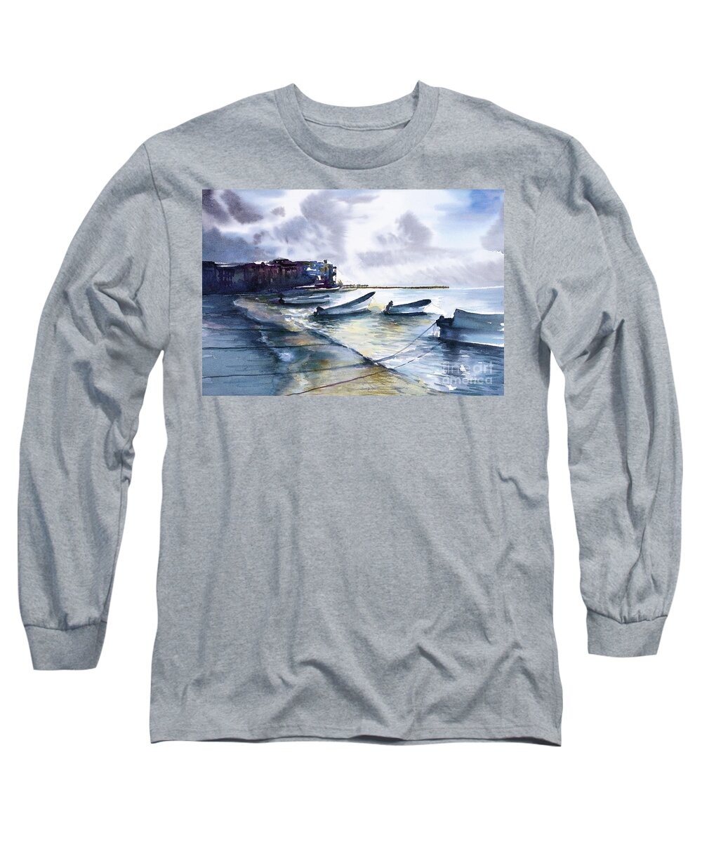Playa Del Carma Long Sleeve T-Shirt featuring the painting Playa Del Carmen by Allison Ashton