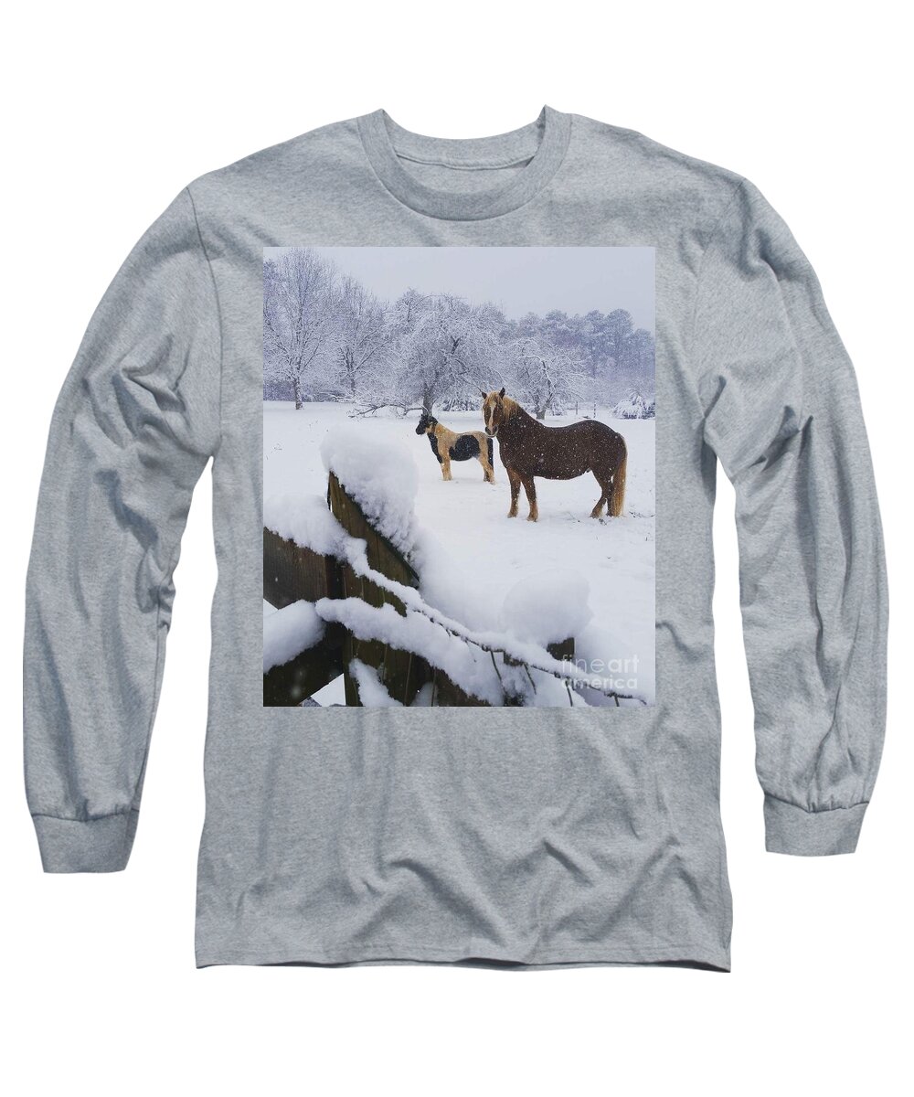 Horses Long Sleeve T-Shirt featuring the photograph Playing in the snow by Rabiah Seminole
