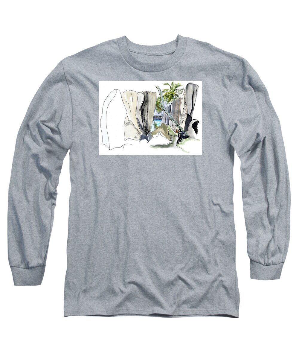 Significant Island Landmark Long Sleeve T-Shirt featuring the painting Pointe Source de l'Argent - Seychelles by Joan Cordell