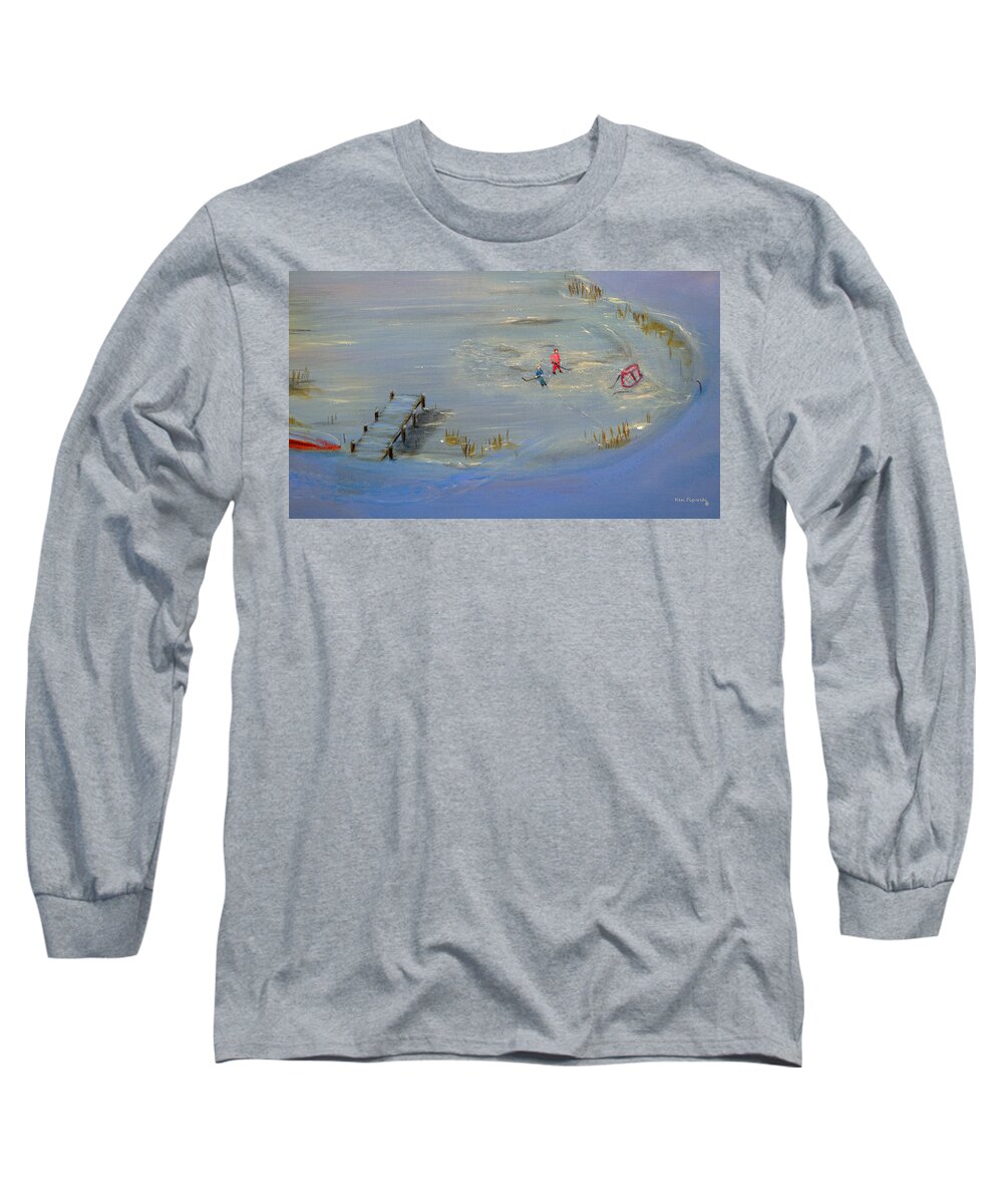 Sleigh Long Sleeve T-Shirt featuring the painting Pond Hockey by Ken Figurski