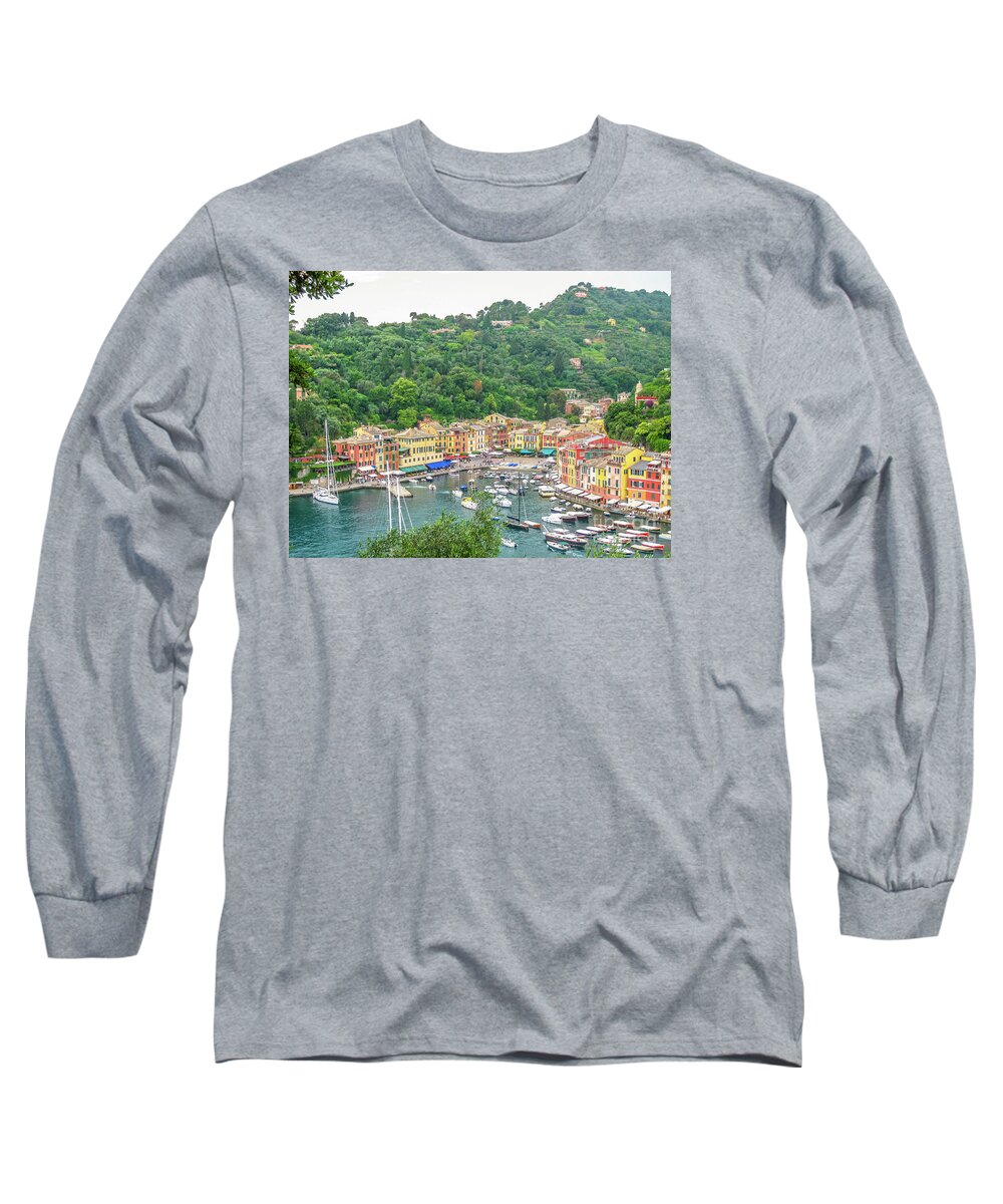 Portofino Long Sleeve T-Shirt featuring the photograph Portofino harbor aerial view by Benny Marty