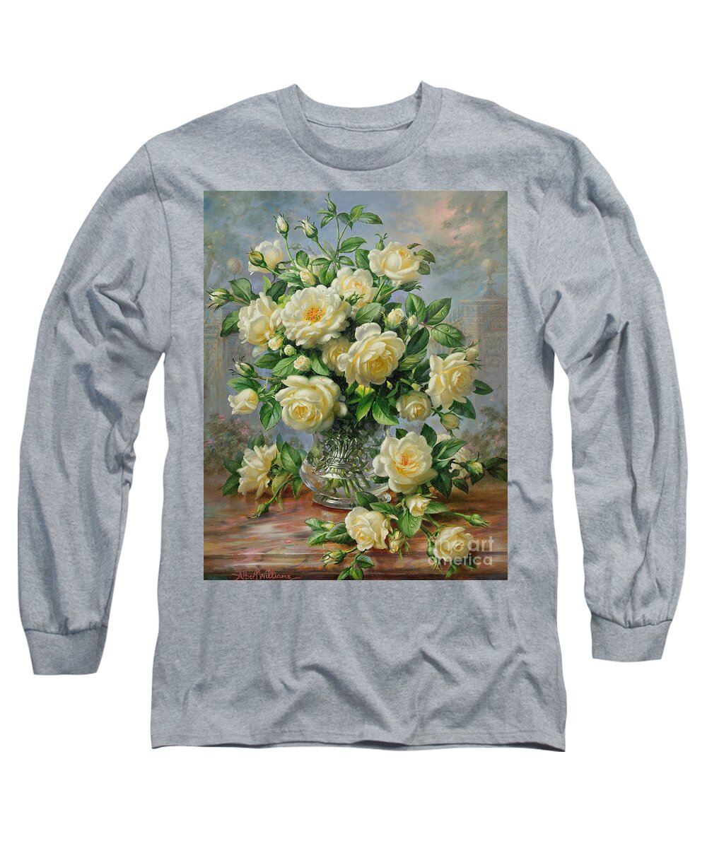 In Honour Of Lady Diana Spencer (1961-97); Still Life; Flower; Rose; Arrangement; Princess Of Wales (1981-96); Homage; Yellow; Flowers; Leafs Long Sleeve T-Shirt featuring the painting Princess Diana Roses in a Cut Glass Vase by Albert Williams