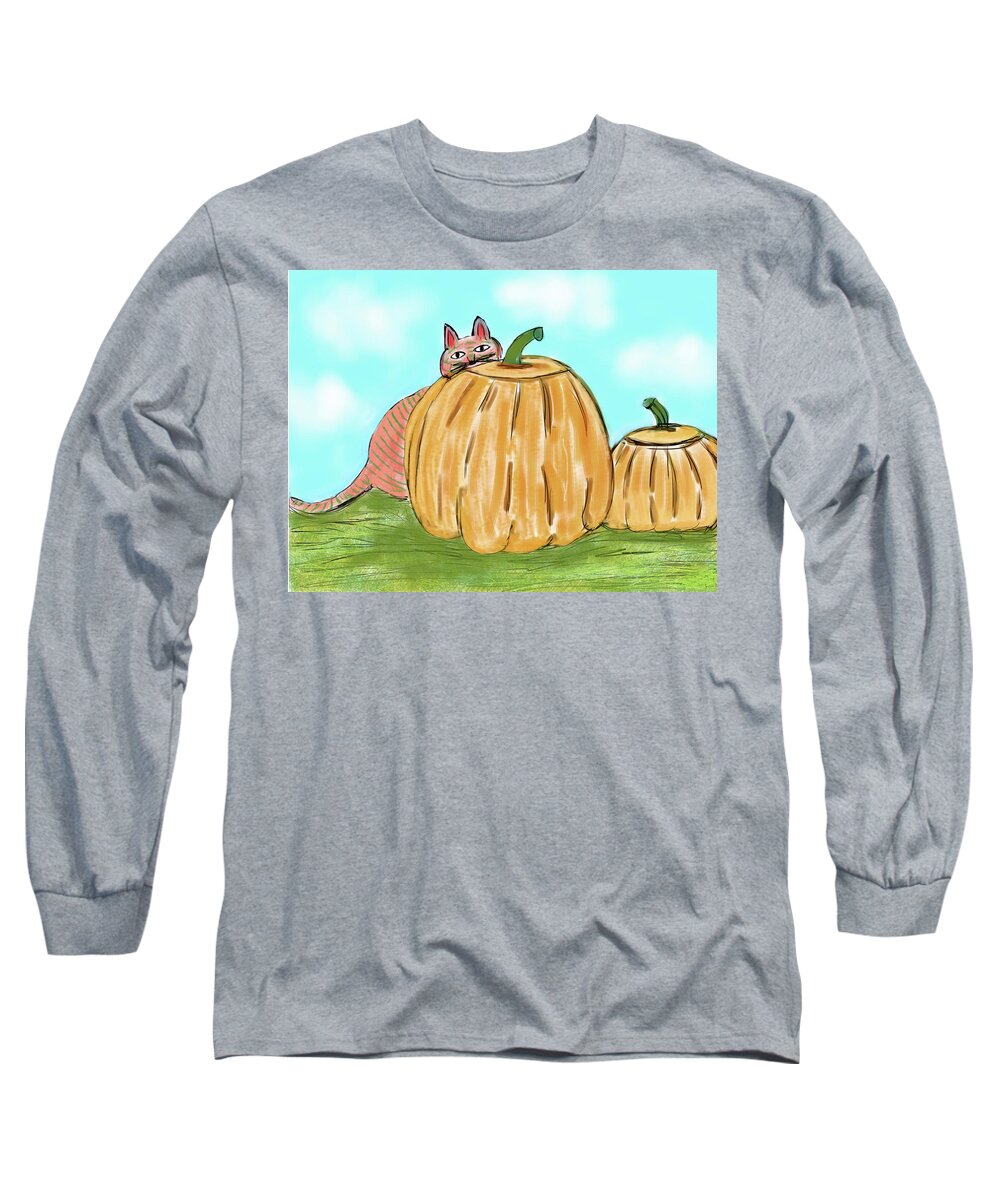 Landscape Long Sleeve T-Shirt featuring the digital art Pumpkin Cat by Christina Wedberg