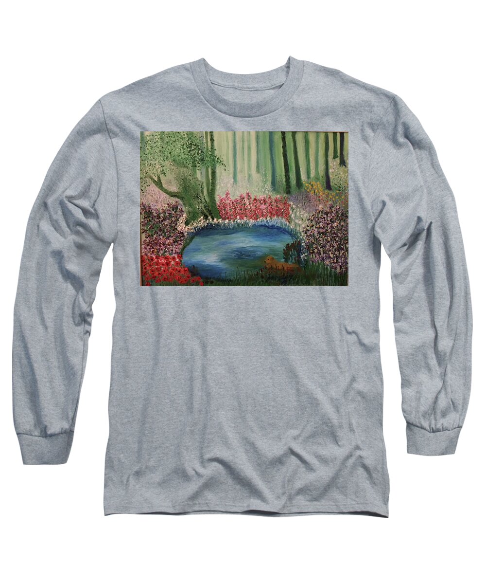 Puppy Long Sleeve T-Shirt featuring the painting Puppy and Flowers in a Pond by Susan Grunin