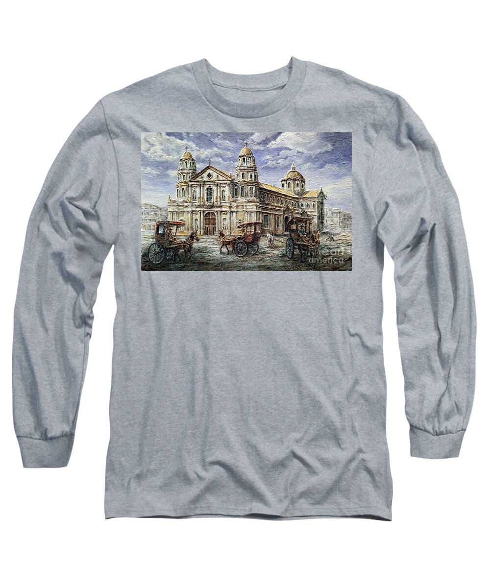 Quiapo Long Sleeve T-Shirt featuring the painting Quiapo Church 1900s by Joey Agbayani