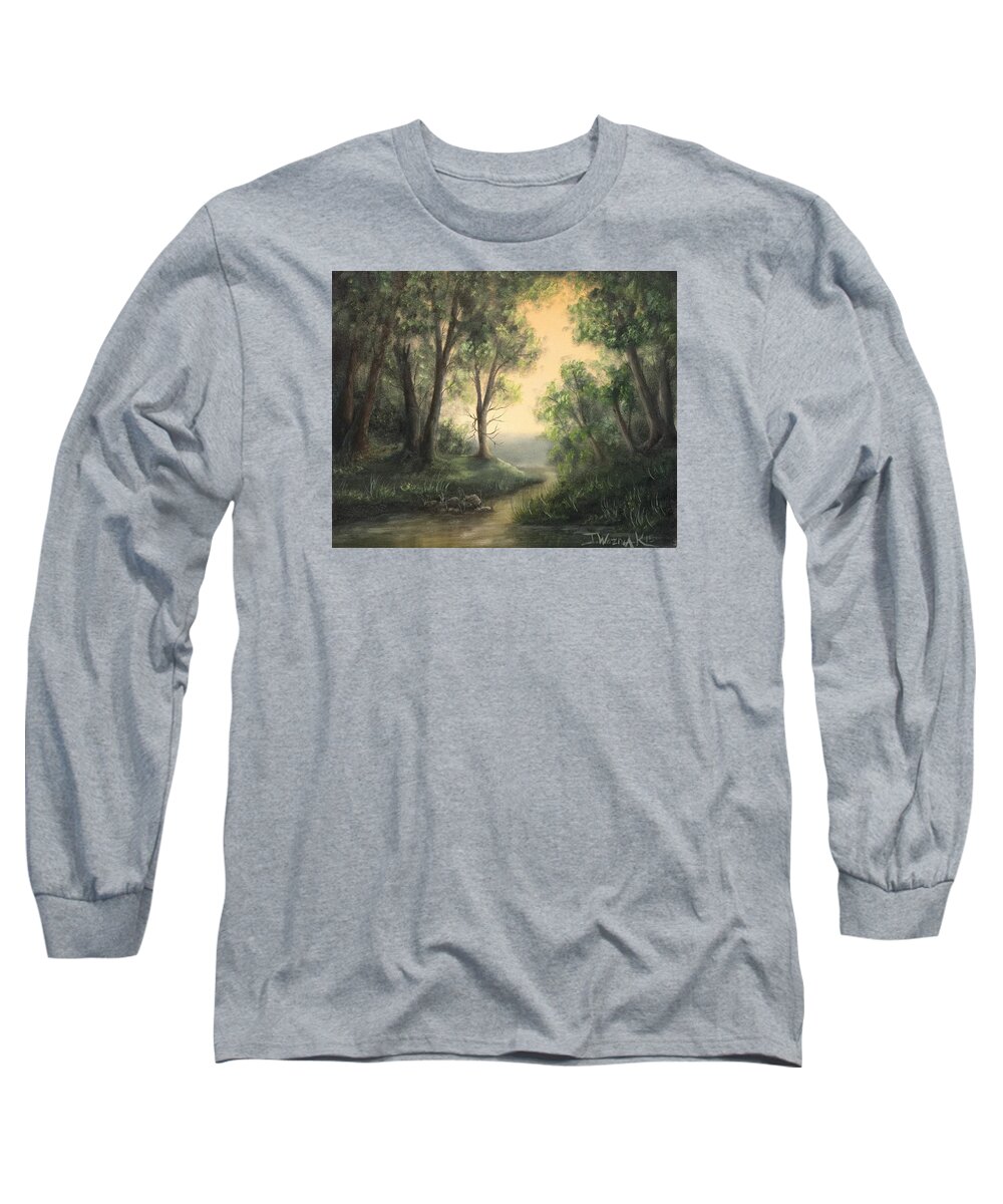 Landscape Water Sky River Lake Trees Sun Mountain Rocks Grass Fall Light Long Sleeve T-Shirt featuring the painting Quiet stream by Justin Wozniak