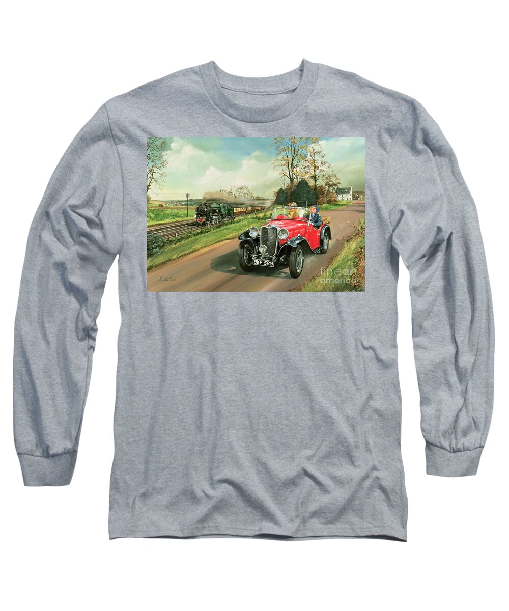 Train Long Sleeve T-Shirt featuring the painting Racing the Train by Richard Wheatland