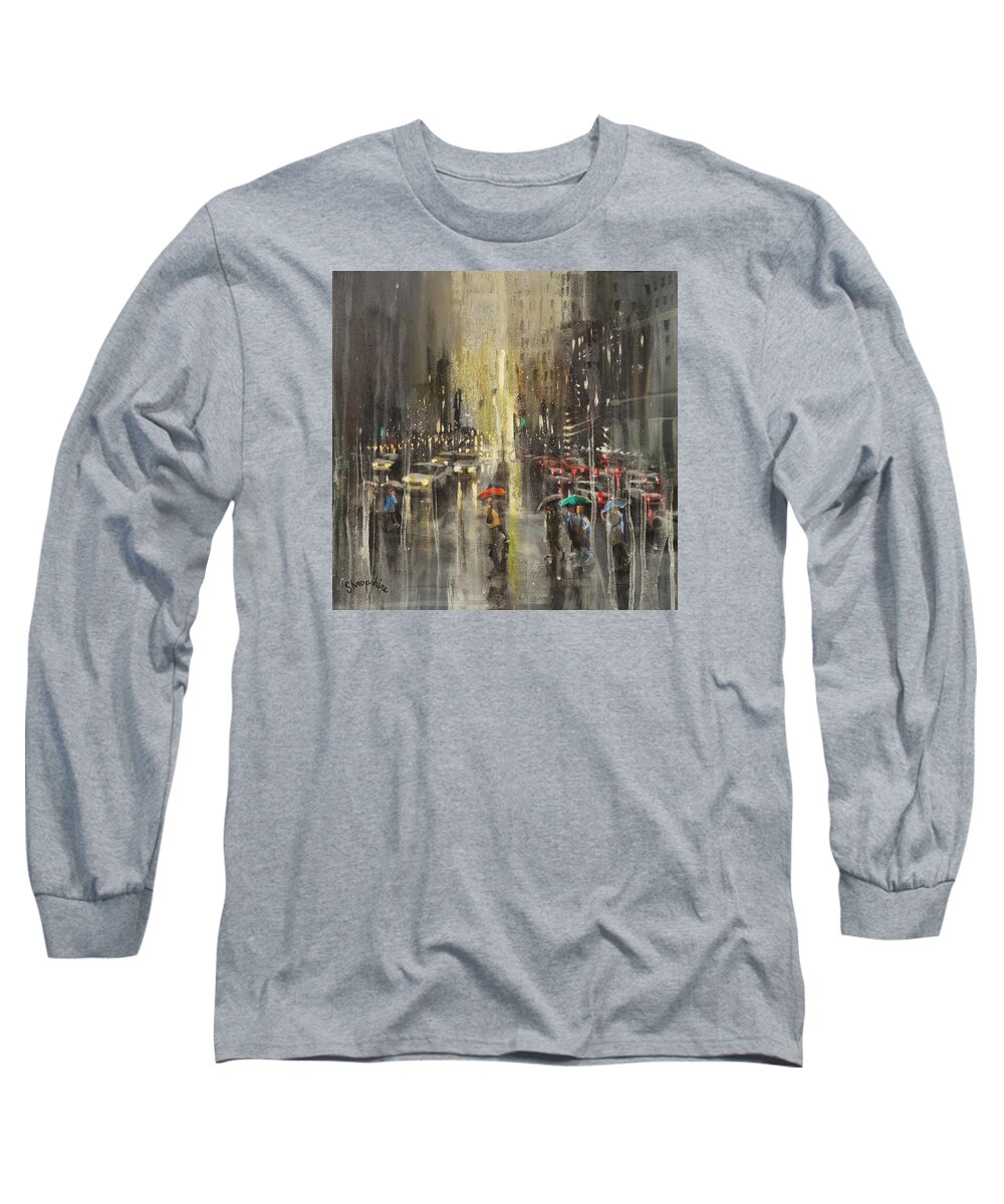 Milwaukee Long Sleeve T-Shirt featuring the painting Rain On Wisconsin Avenue by Tom Shropshire