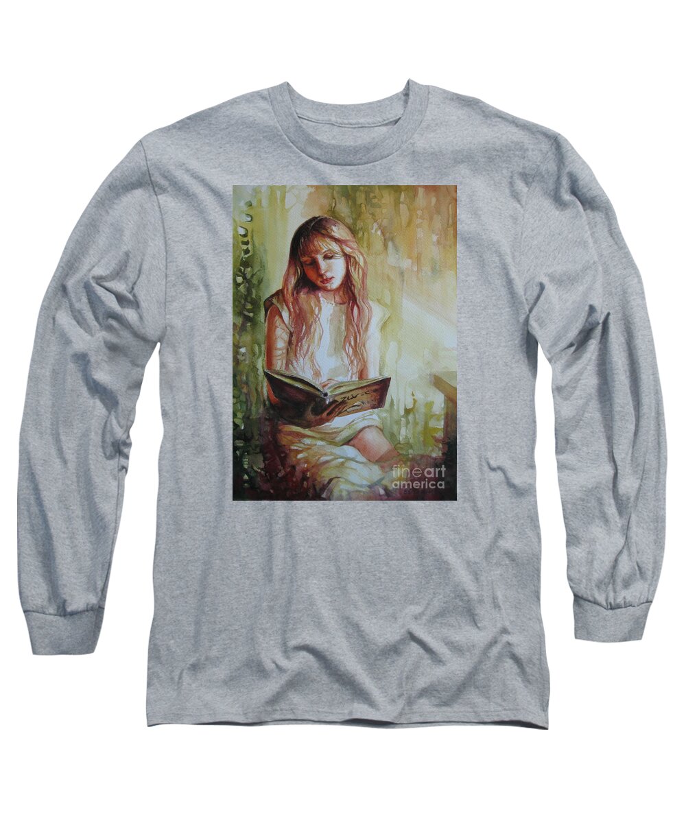Girl Long Sleeve T-Shirt featuring the painting Reading by Elena Oleniuc