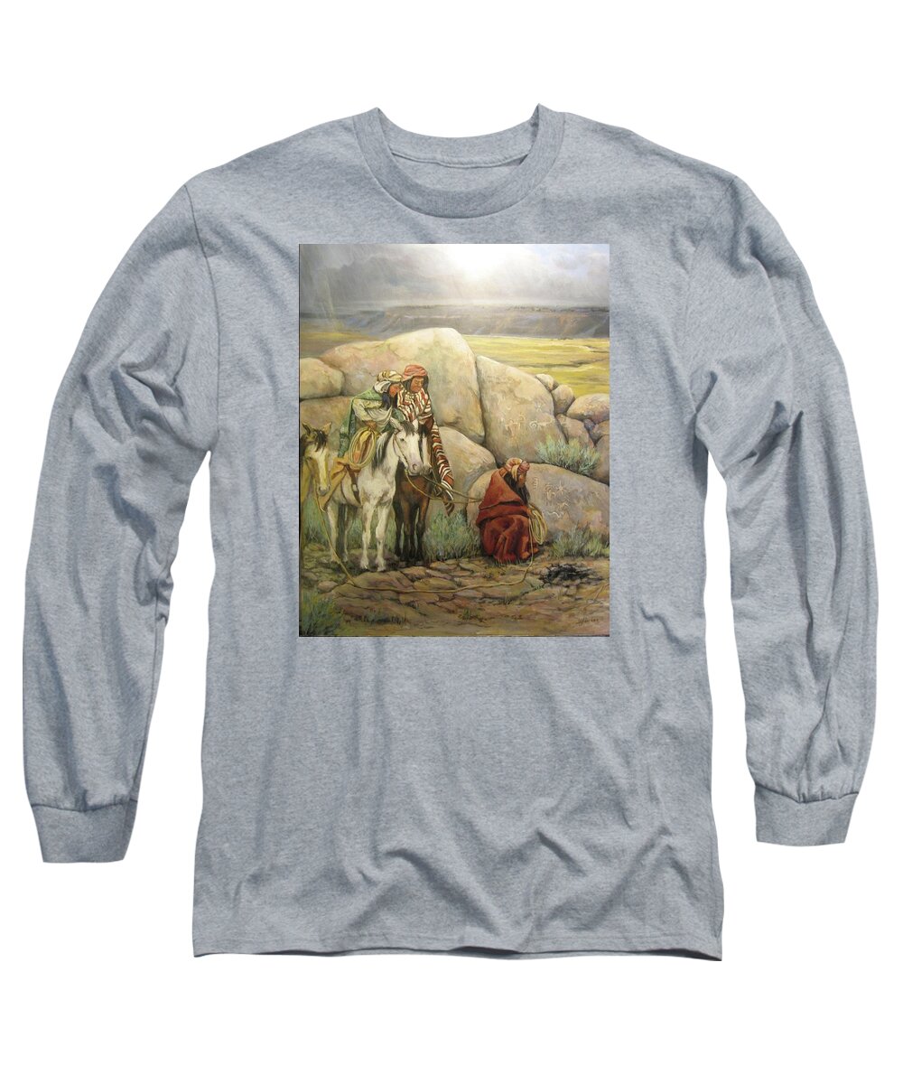 Paiute Indians Long Sleeve T-Shirt featuring the painting Reading Sign by Donna Tucker