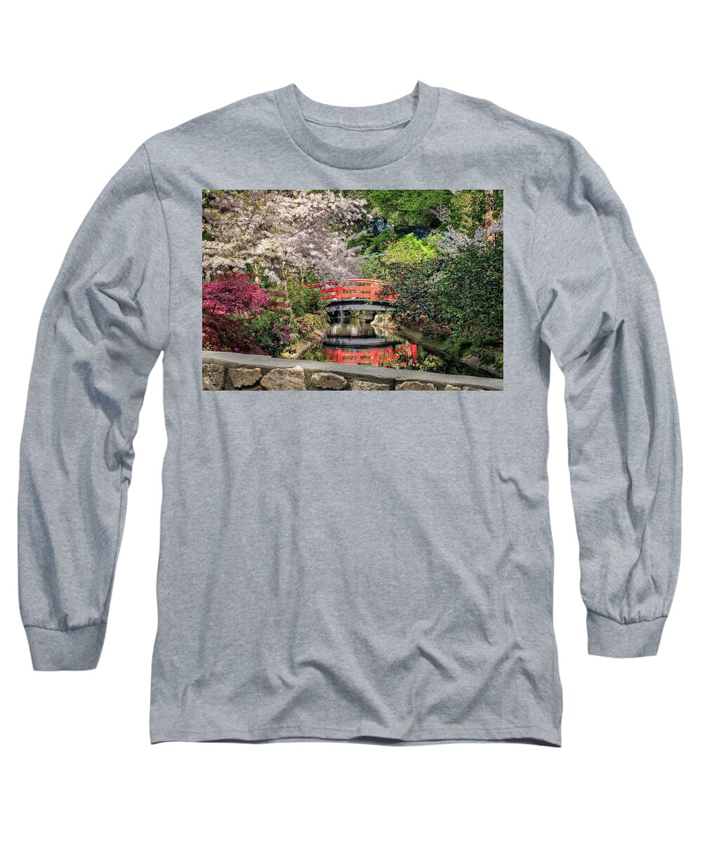 Red Long Sleeve T-Shirt featuring the photograph Red Bridge Spring Reflection by James Eddy