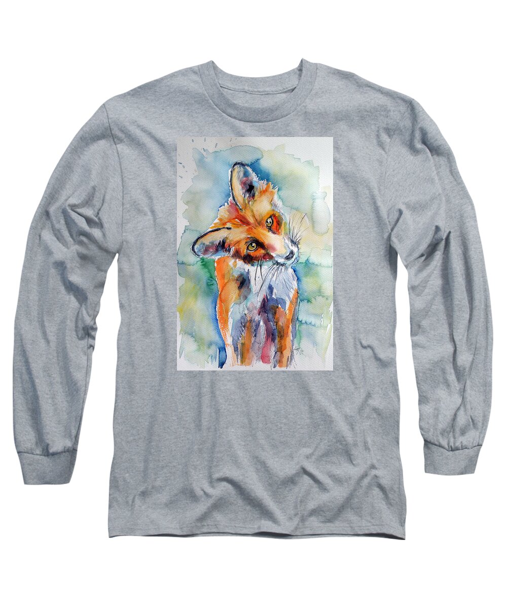 Red Fox Long Sleeve T-Shirt featuring the painting Red fox watching by Kovacs Anna Brigitta