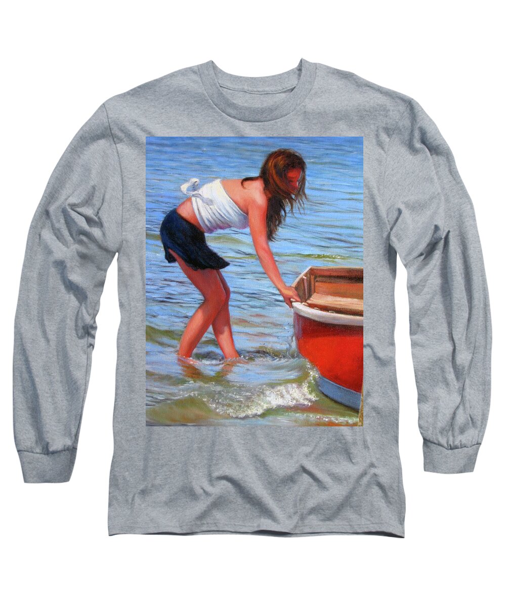 Girl At Shore Long Sleeve T-Shirt featuring the painting Red Rowboat by Marie Witte