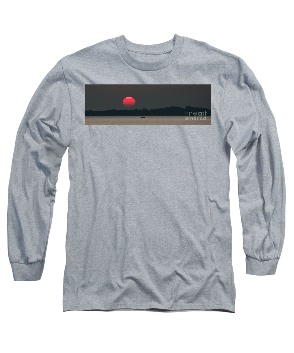 Sun Long Sleeve T-Shirt featuring the photograph Red Sun at Sunset at Sea with Fishing Boat by Andreas Berthold