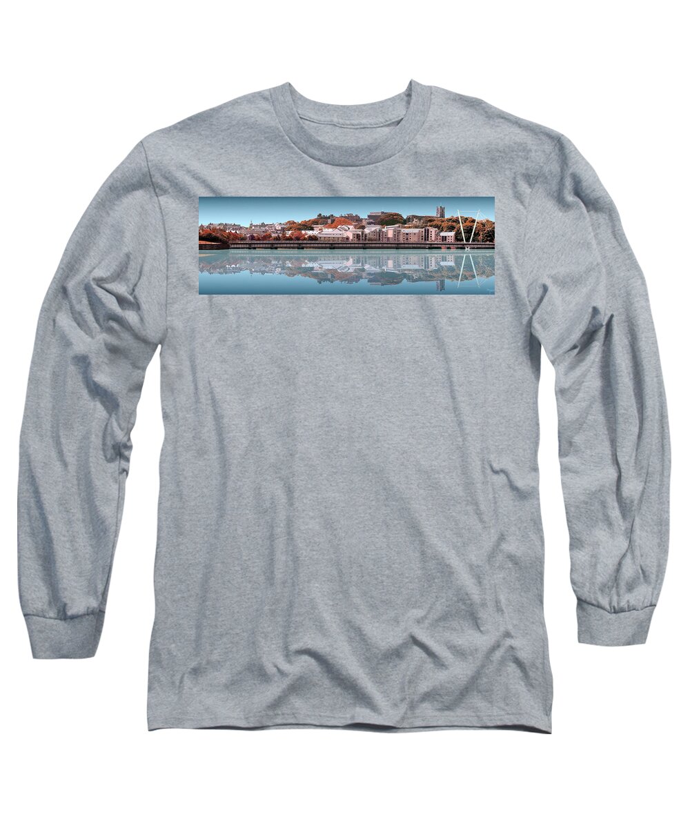 Lancaster Long Sleeve T-Shirt featuring the digital art Reflection River Lune - Deep Blue by Joe Tamassy