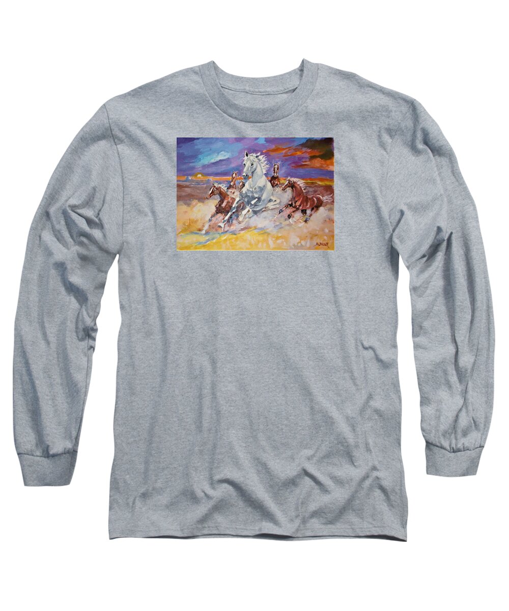 Stallions On The Move Long Sleeve T-Shirt featuring the painting Running Free at Sundown by Al Brown