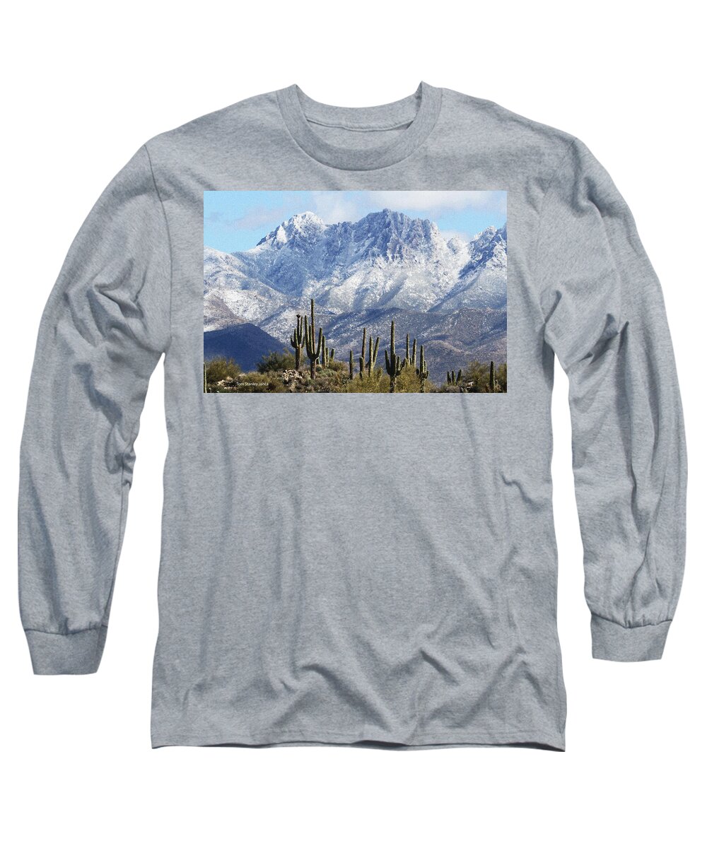 Saguaros At Four Peaks With Snow Long Sleeve T-Shirt featuring the photograph Saguaros At Four Peaks With Snow by Tom Janca