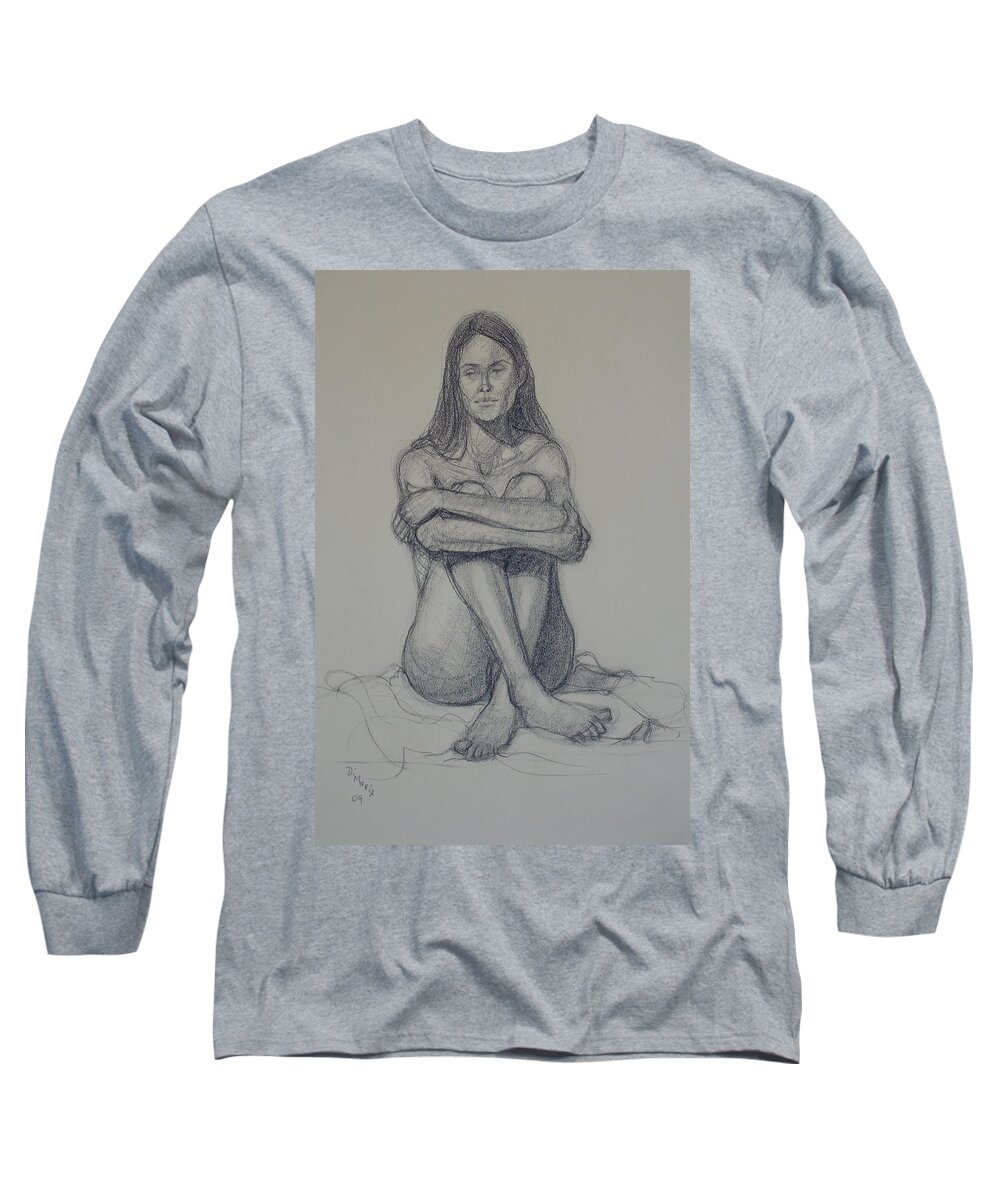 Realism Long Sleeve T-Shirt featuring the drawing Seated Nude with Crossed Legs by Donelli DiMaria