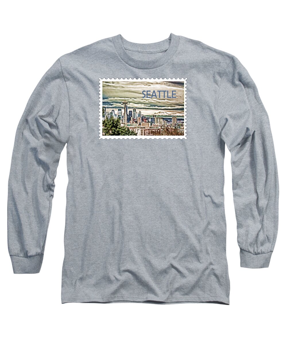 Seattle Long Sleeve T-Shirt featuring the painting Seattle Skyline in Fog and Rain TEXT SEATTLE by Elaine Plesser