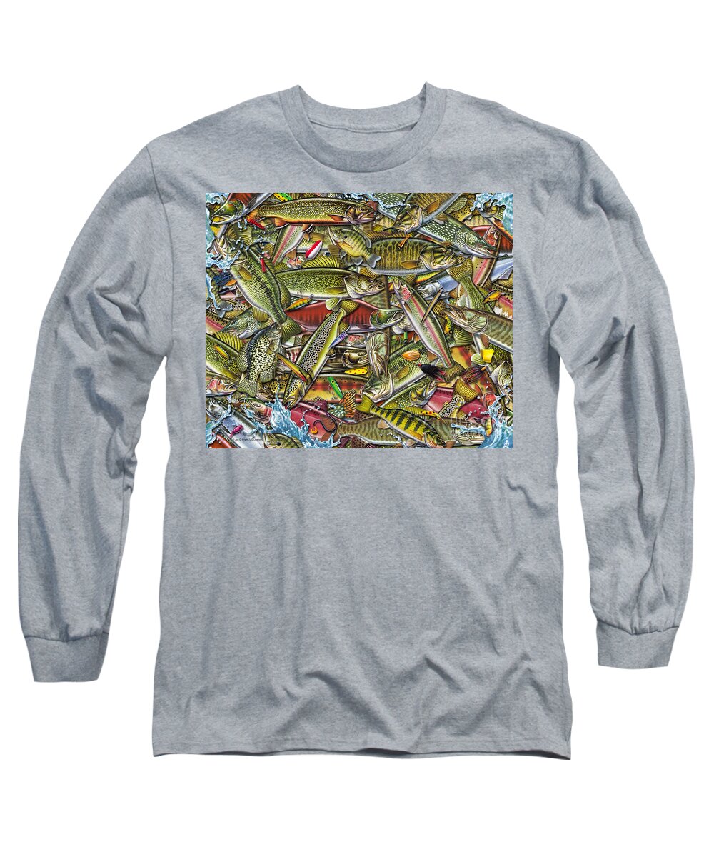Jon Q Wright Long Sleeve T-Shirt featuring the painting Side Fish Collage by JQ Licensing