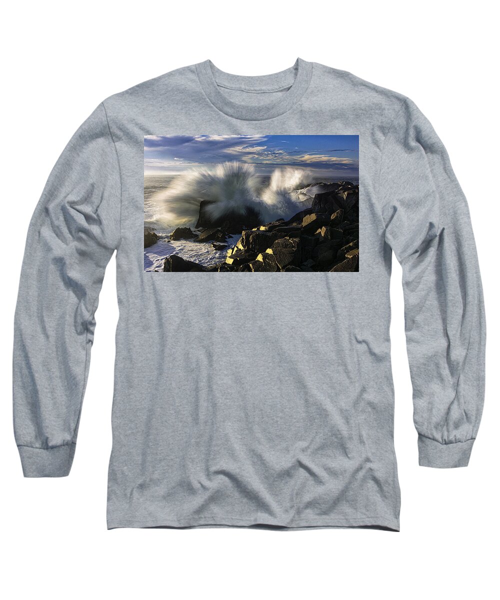Quoddy Long Sleeve T-Shirt featuring the photograph Side Lit Wave Crashes Ashore at Quoddy Boldcoast by Marty Saccone