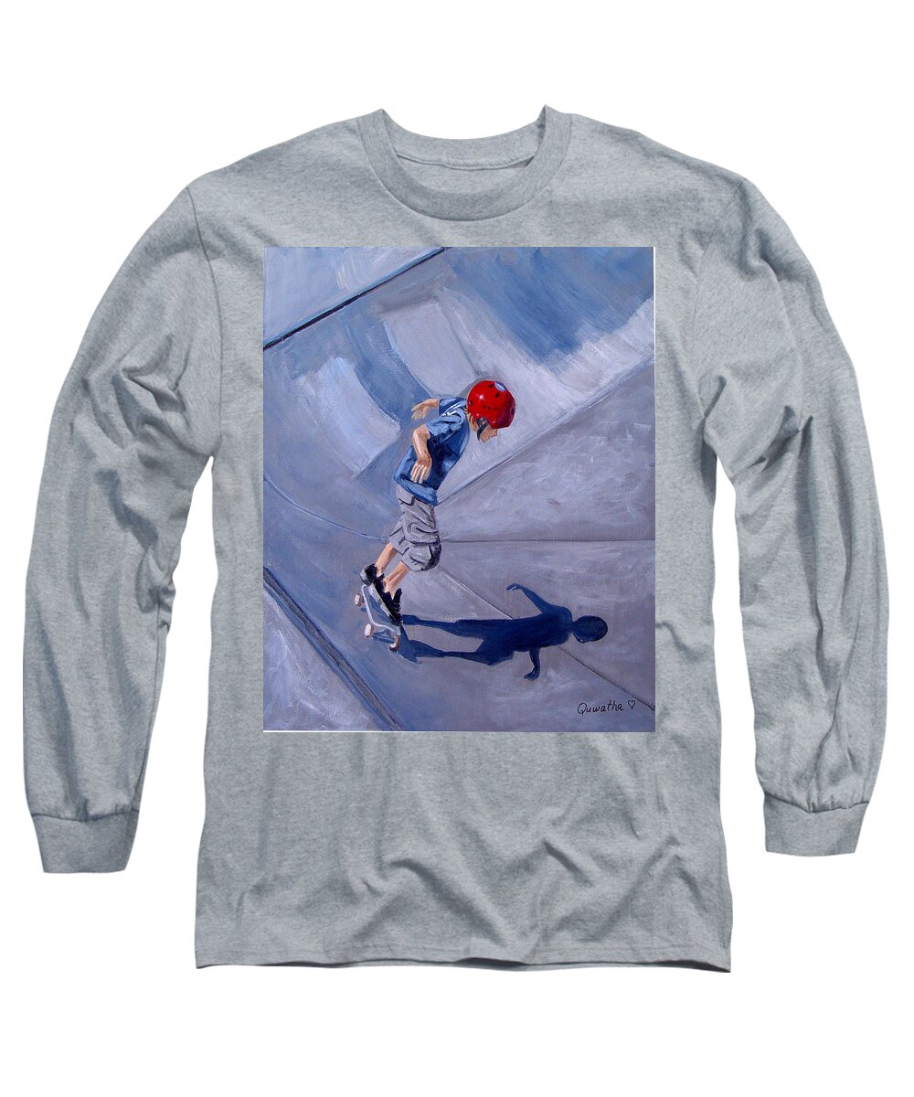 Boy Long Sleeve T-Shirt featuring the painting Skateboarding by Quwatha Valentine