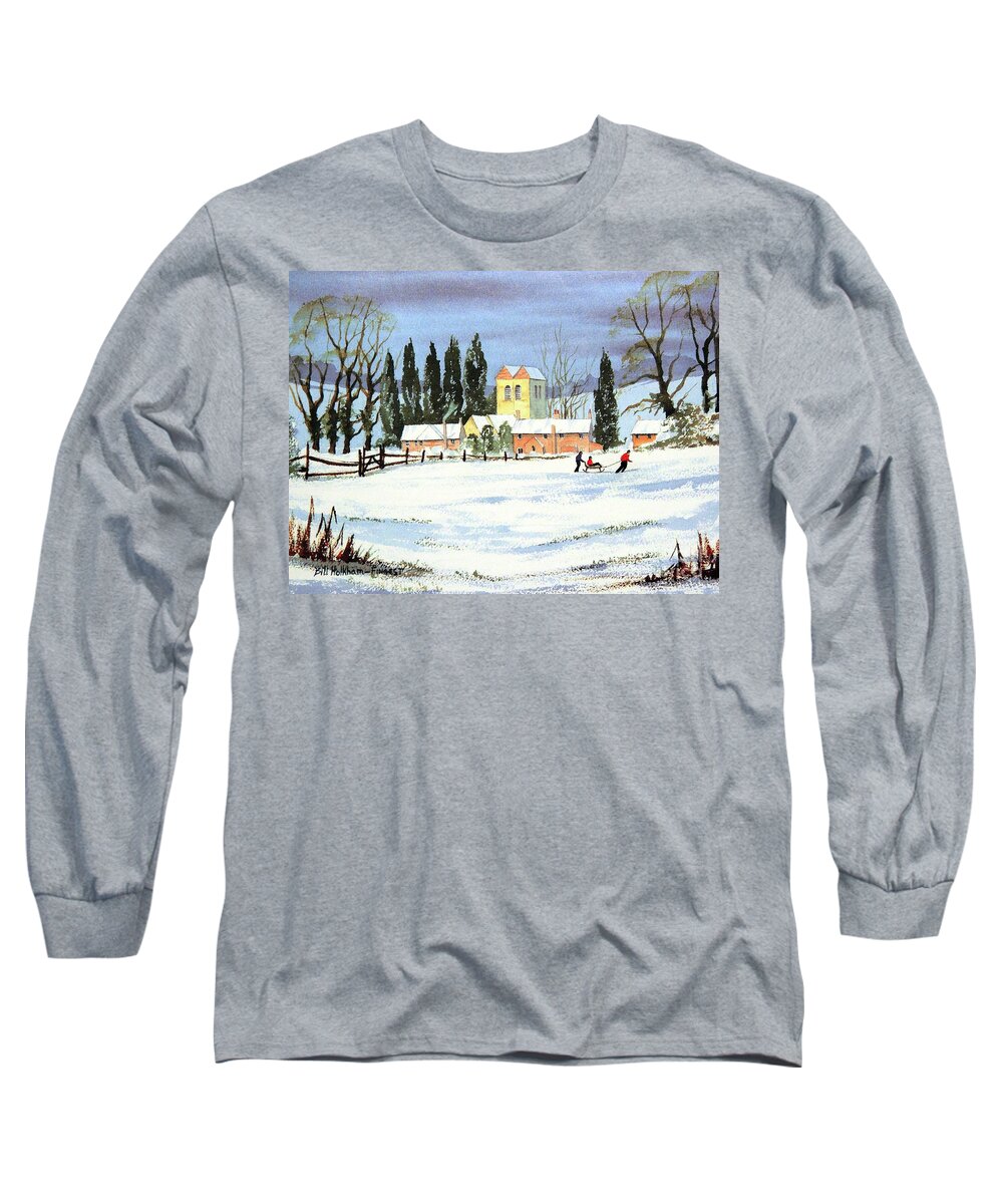 Sledding Long Sleeve T-Shirt featuring the painting Sledding With Dad by Bill Holkham