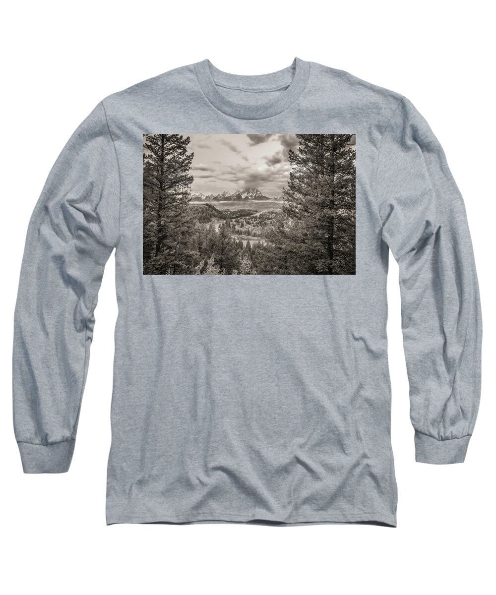 Adventure Long Sleeve T-Shirt featuring the photograph Snake River Overlook Grand Teton Monochromatic by Scott McGuire