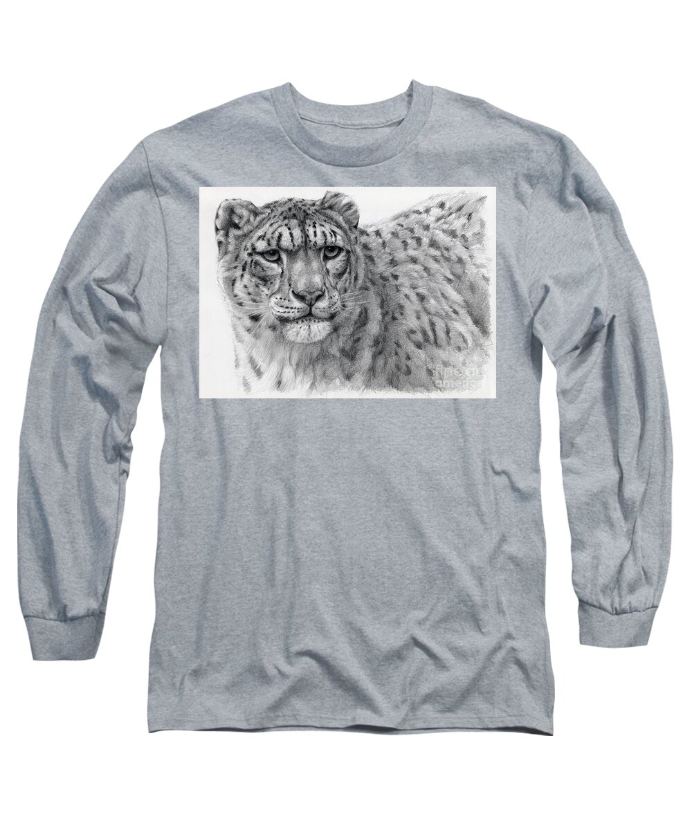 Cat Long Sleeve T-Shirt featuring the drawing Snow Leopard Portrayal by Svetlana Ledneva-Schukina