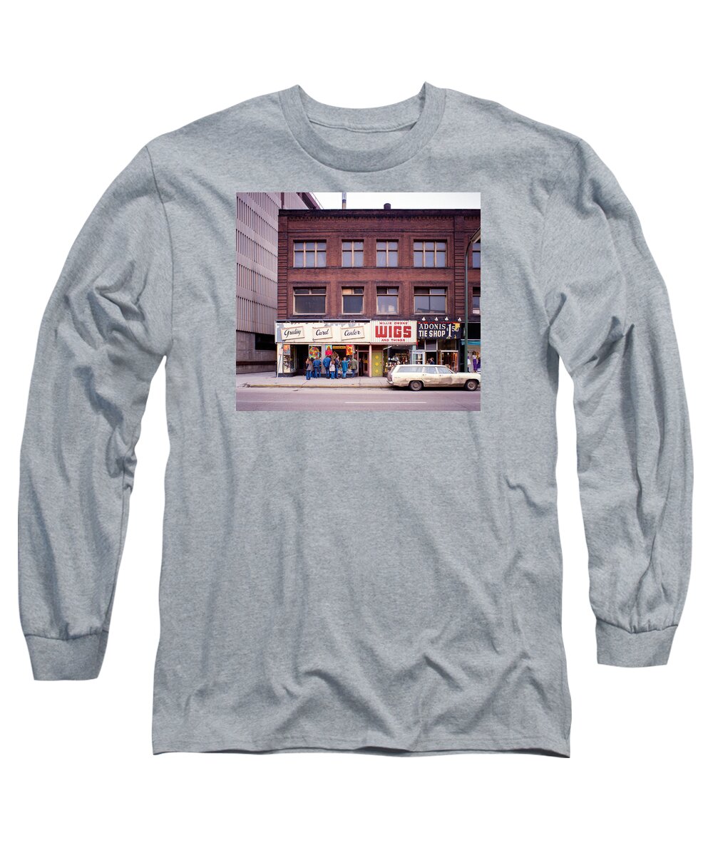 Downtown_printed Long Sleeve T-Shirt featuring the photograph Something's going on at the Greeting Card Center. by Mike Evangelist
