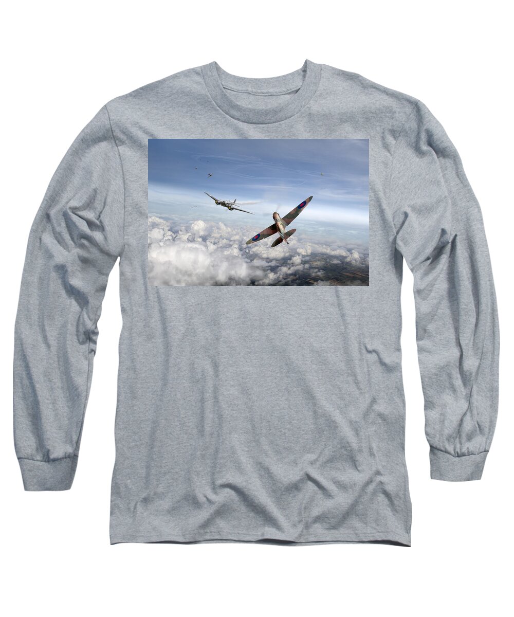 Spitfire Long Sleeve T-Shirt featuring the photograph Spitfire attacking Heinkel bomber by Gary Eason