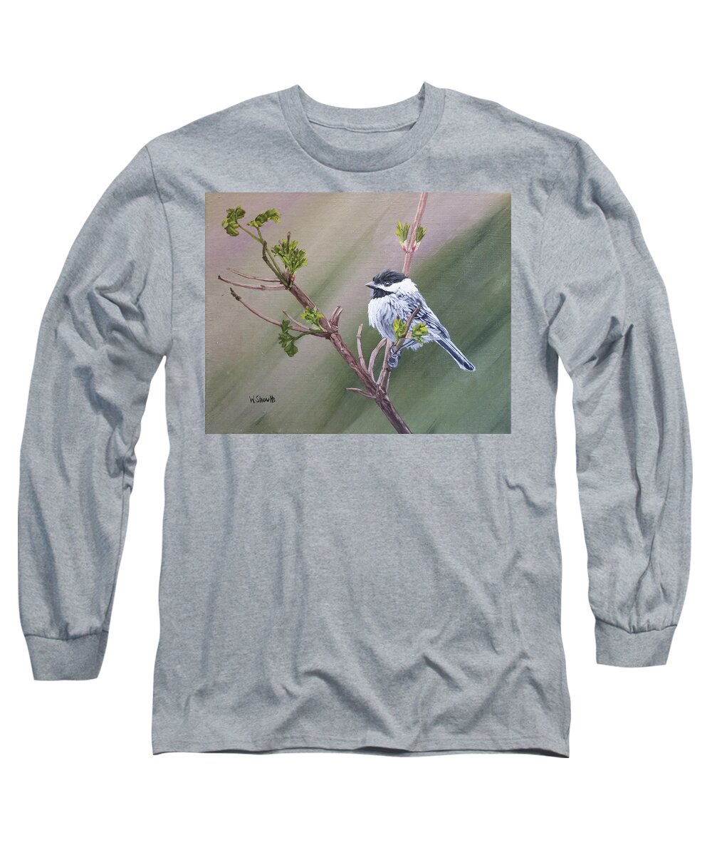 Bird Long Sleeve T-Shirt featuring the painting Spring Chickadee by Wendy Shoults